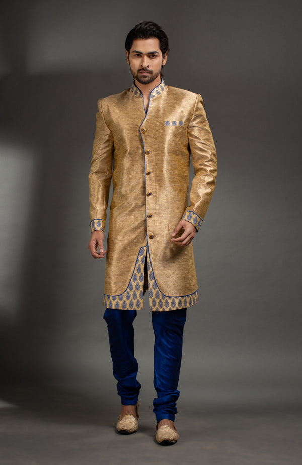 HAMSAFAR Men’s Golden Navy Blue Polydupion Sherwani