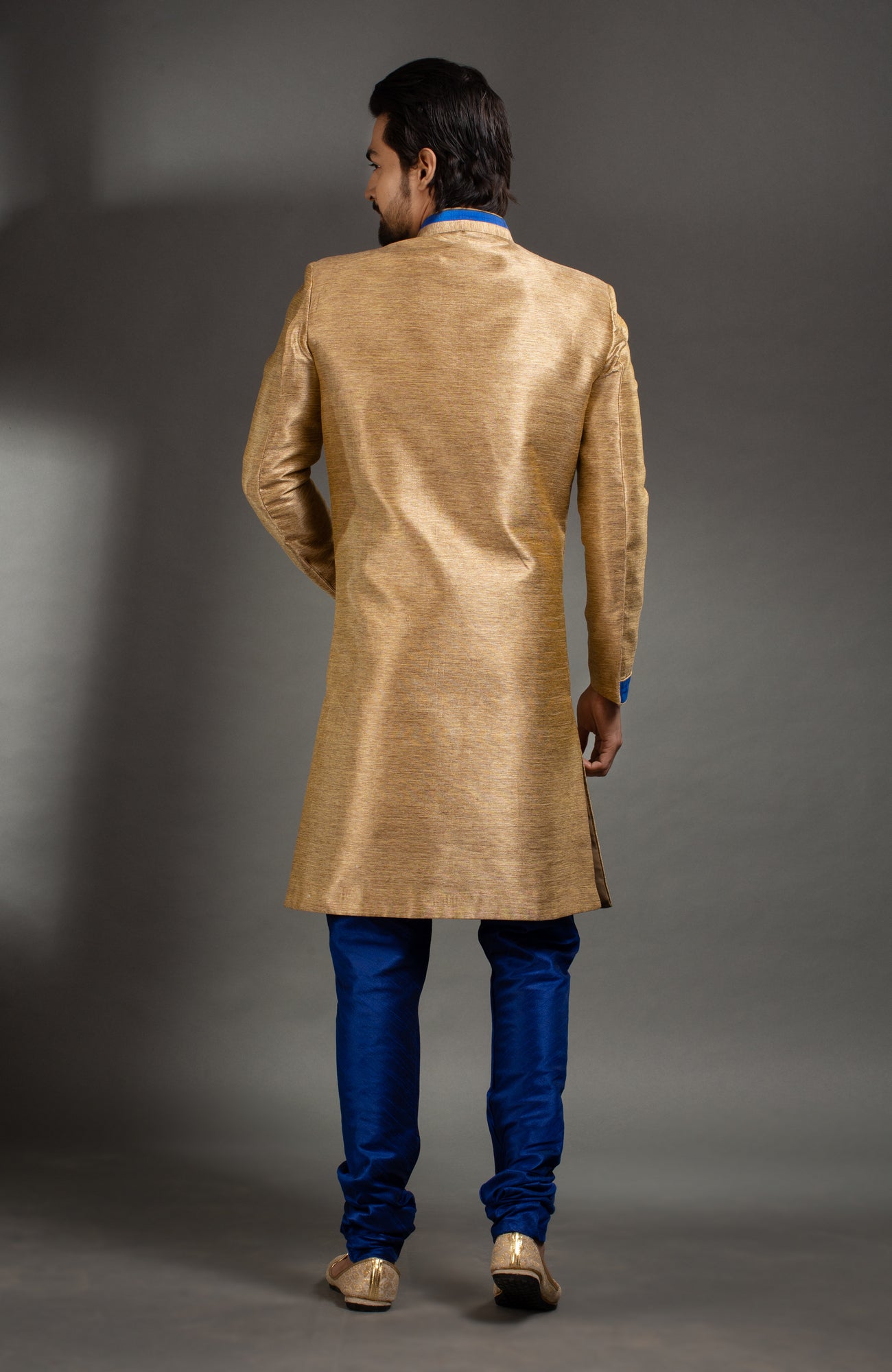 HAMSAFAR Men’s Golden Sky Blue Poly Dupion Sherwani