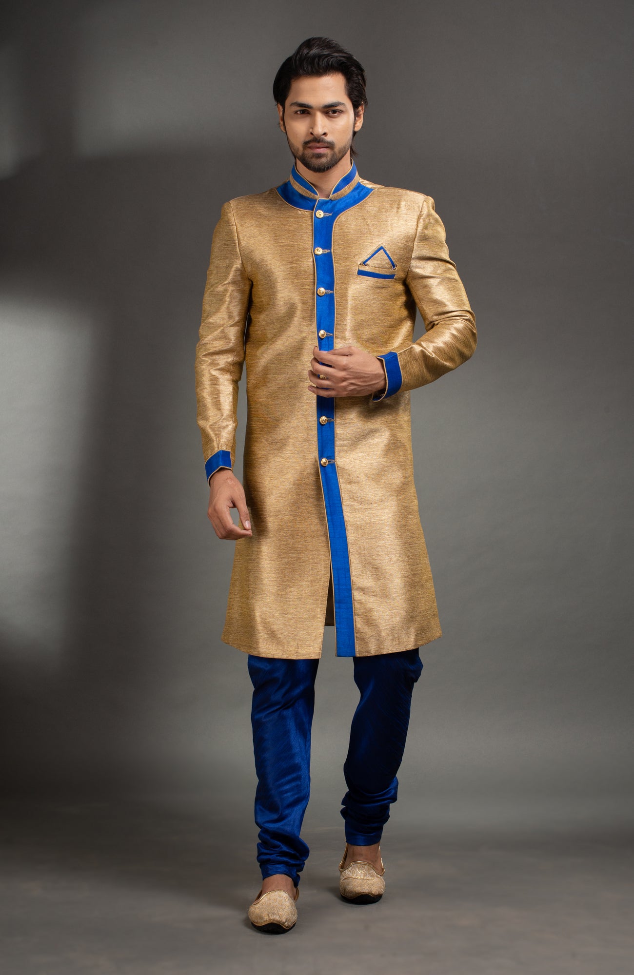 HAMSAFAR Men’s Golden Sky Blue Poly Dupion Sherwani