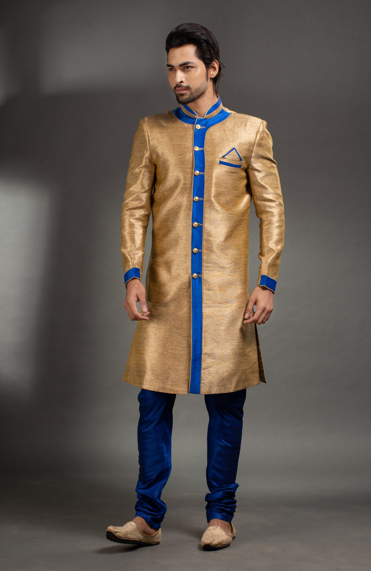 HAMSAFAR Men’s Golden Sky Blue Poly Dupion Sherwani