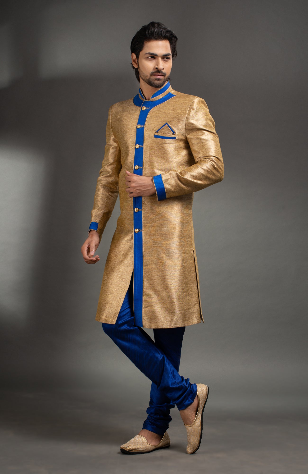 HAMSAFAR Men’s Golden Sky Blue Poly Dupion Sherwani