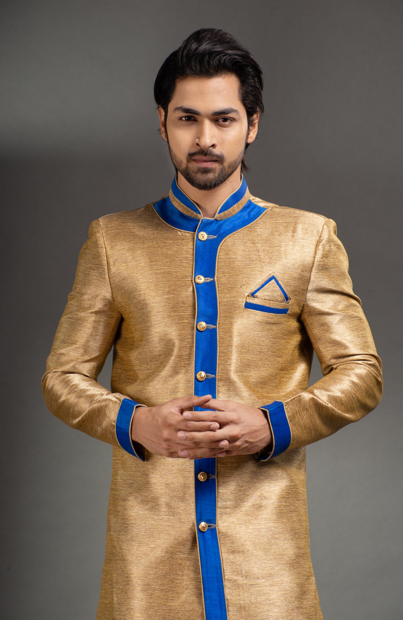 HAMSAFAR Men’s Golden Sky Blue Poly Dupion Sherwani