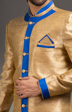 HAMSAFAR Men’s Golden Sky Blue Poly Dupion Sherwani