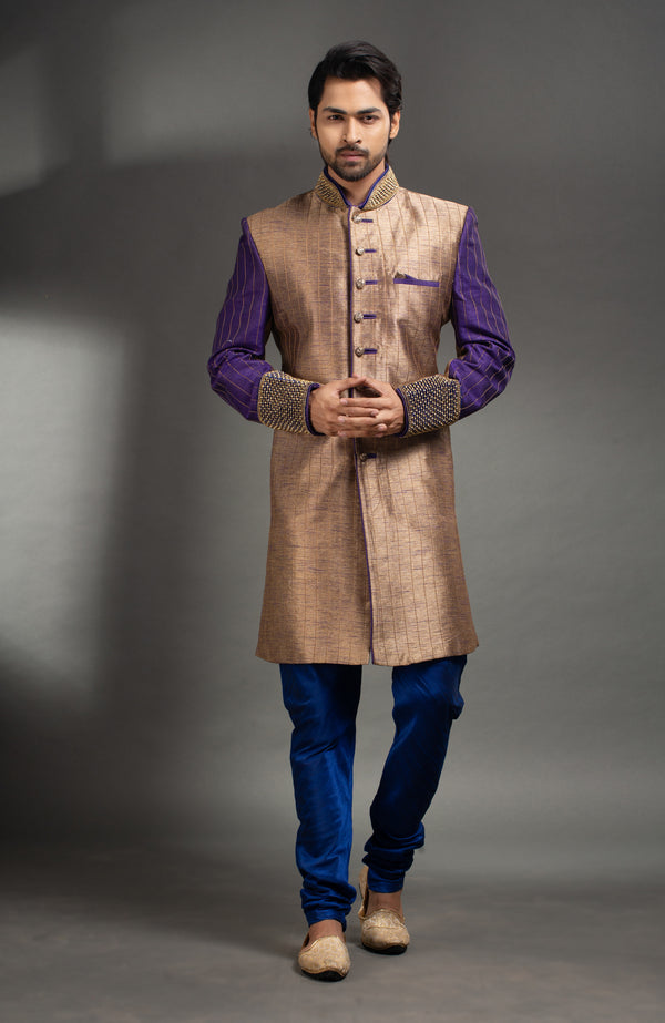 HAMSAFAR Men’s Purple Golden Poly Dupion Sherwani