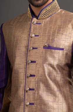 HAMSAFAR Men’s Purple Golden Poly Dupion Sherwani