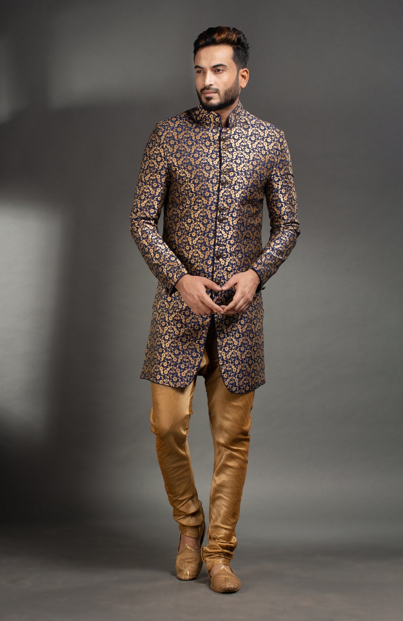 HAMSAFAR Men’s Navy Blue Golden Jacquard Printed Sherwani