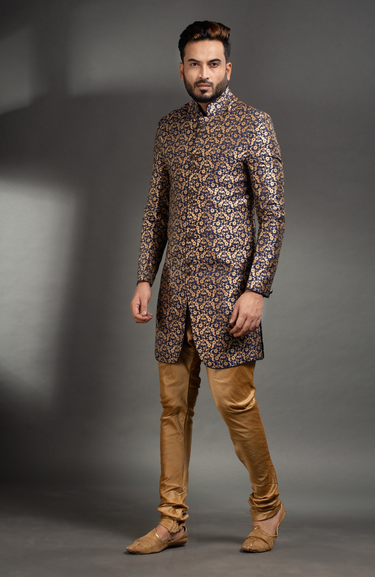 HAMSAFAR Men’s Navy Blue Golden Jacquard Printed Sherwani