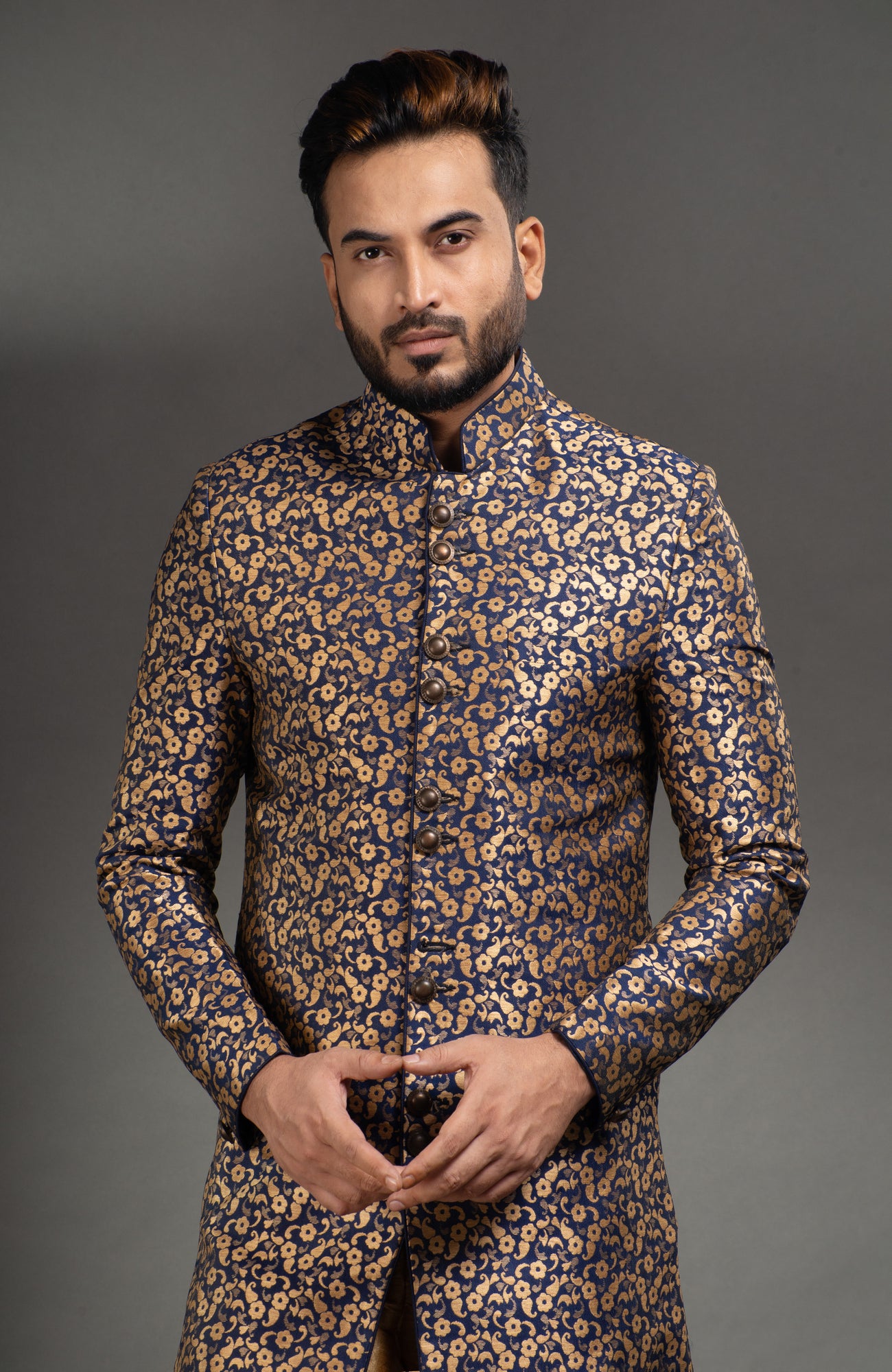 HAMSAFAR Men’s Navy Blue Golden Jacquard Printed Sherwani