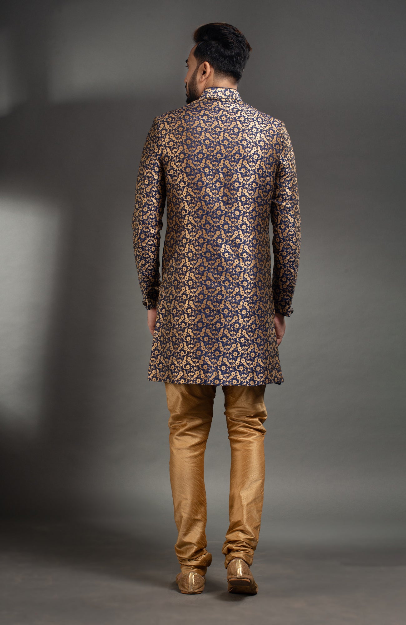 HAMSAFAR Men’s Navy Blue Golden Jacquard Printed Sherwani
