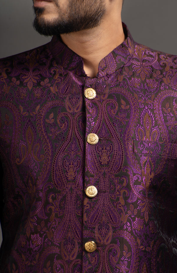 HAMSAFAR Men’s Dark Purple Satin Jacquard Sherwani