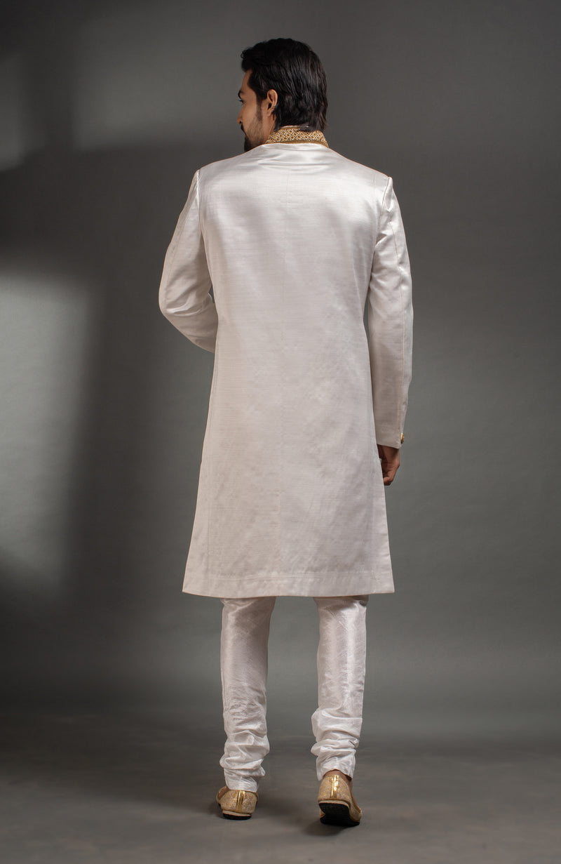 HAMSAFAR Men’s White Satin Poly Sherwani