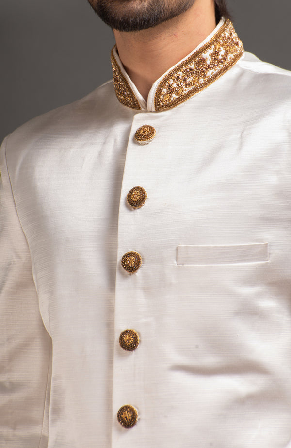 HAMSAFAR Men’s White Satin Poly Sherwani