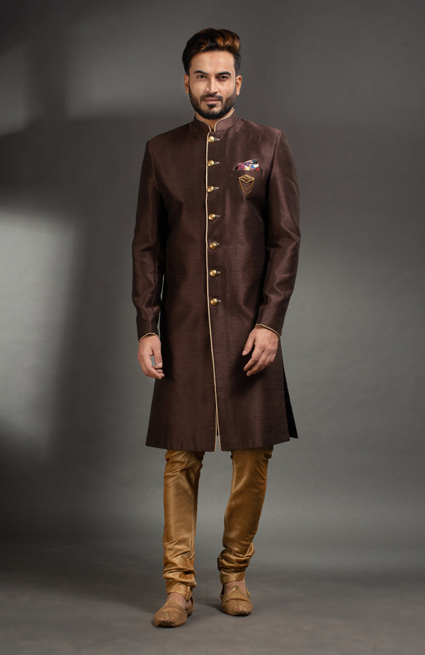 HAMSAFAR Men’s Chocolate Brown & Cream Poly Dupion Sherwani