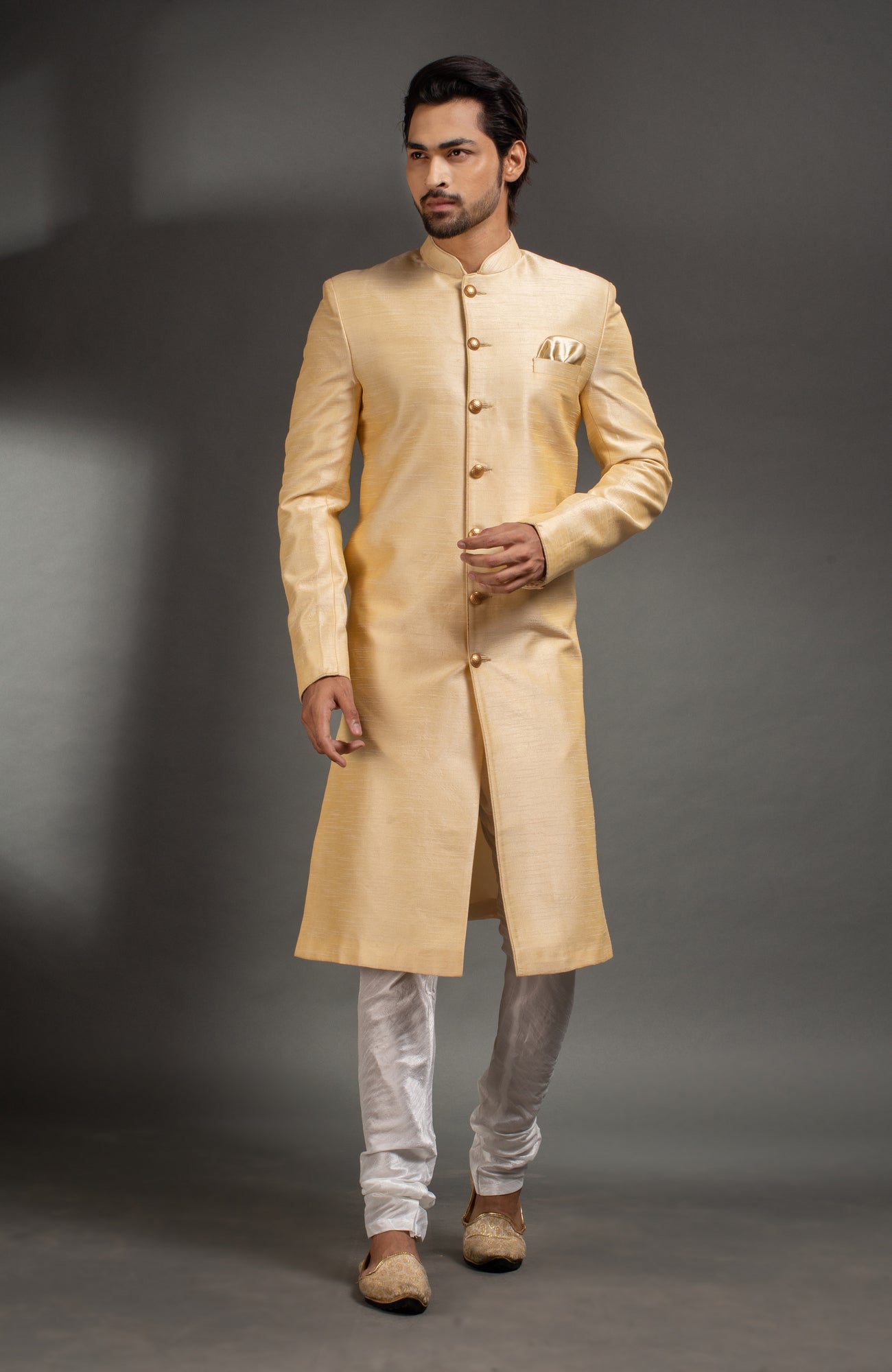 HAMSAFAR Men’s Golden Poly Dupion Sherwani