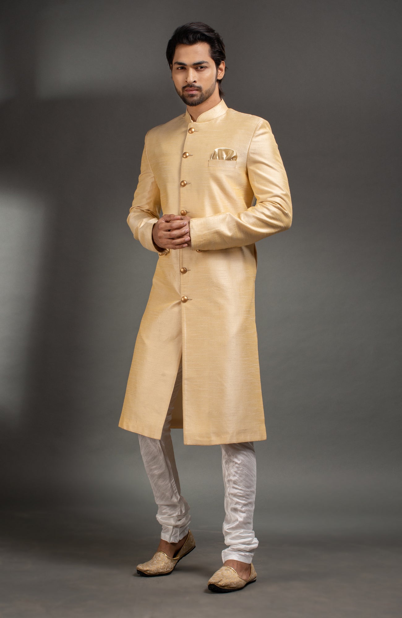 HAMSAFAR Men’s Golden Poly Dupion Sherwani