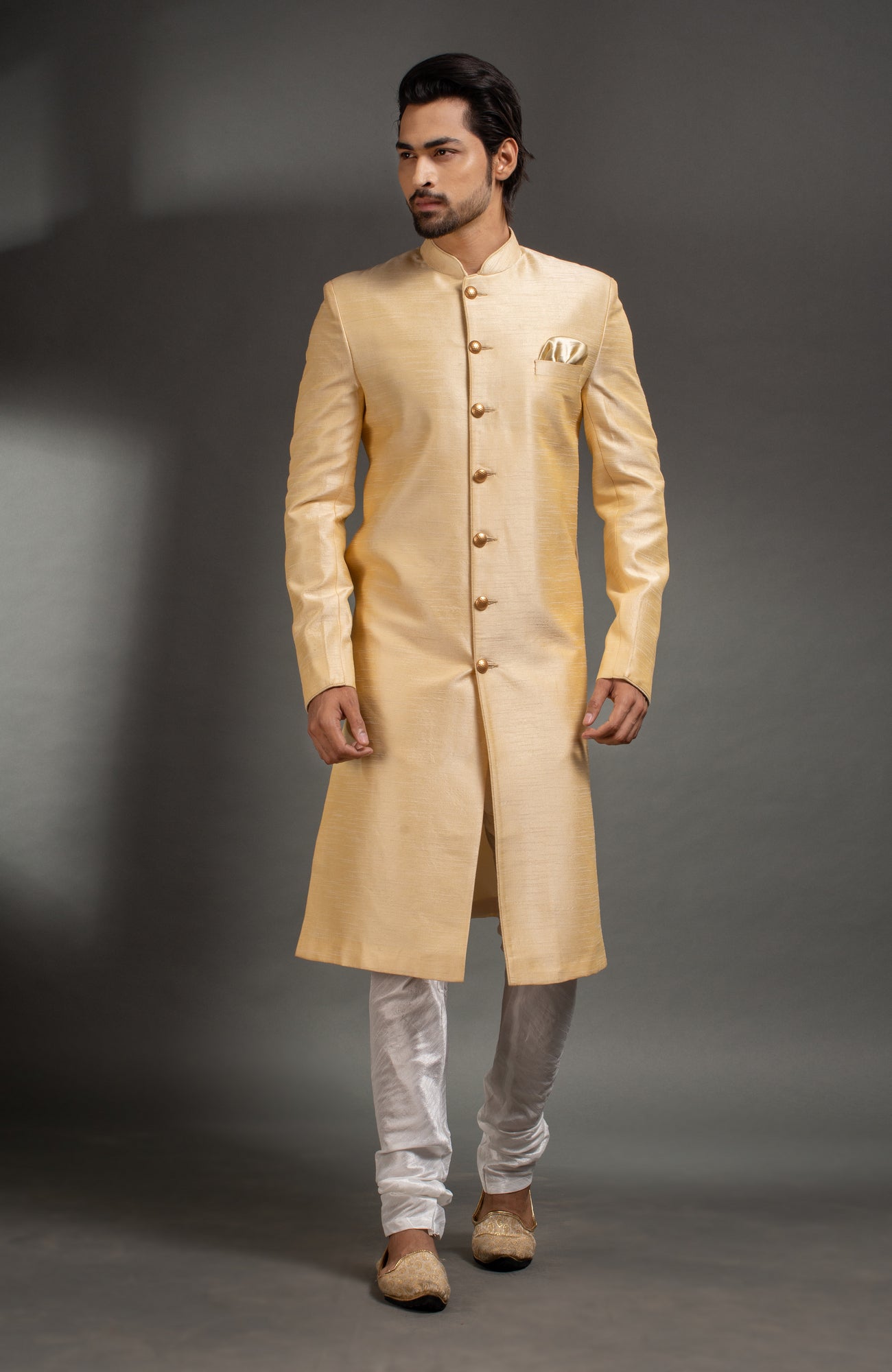 HAMSAFAR Men’s Golden Poly Dupion Sherwani