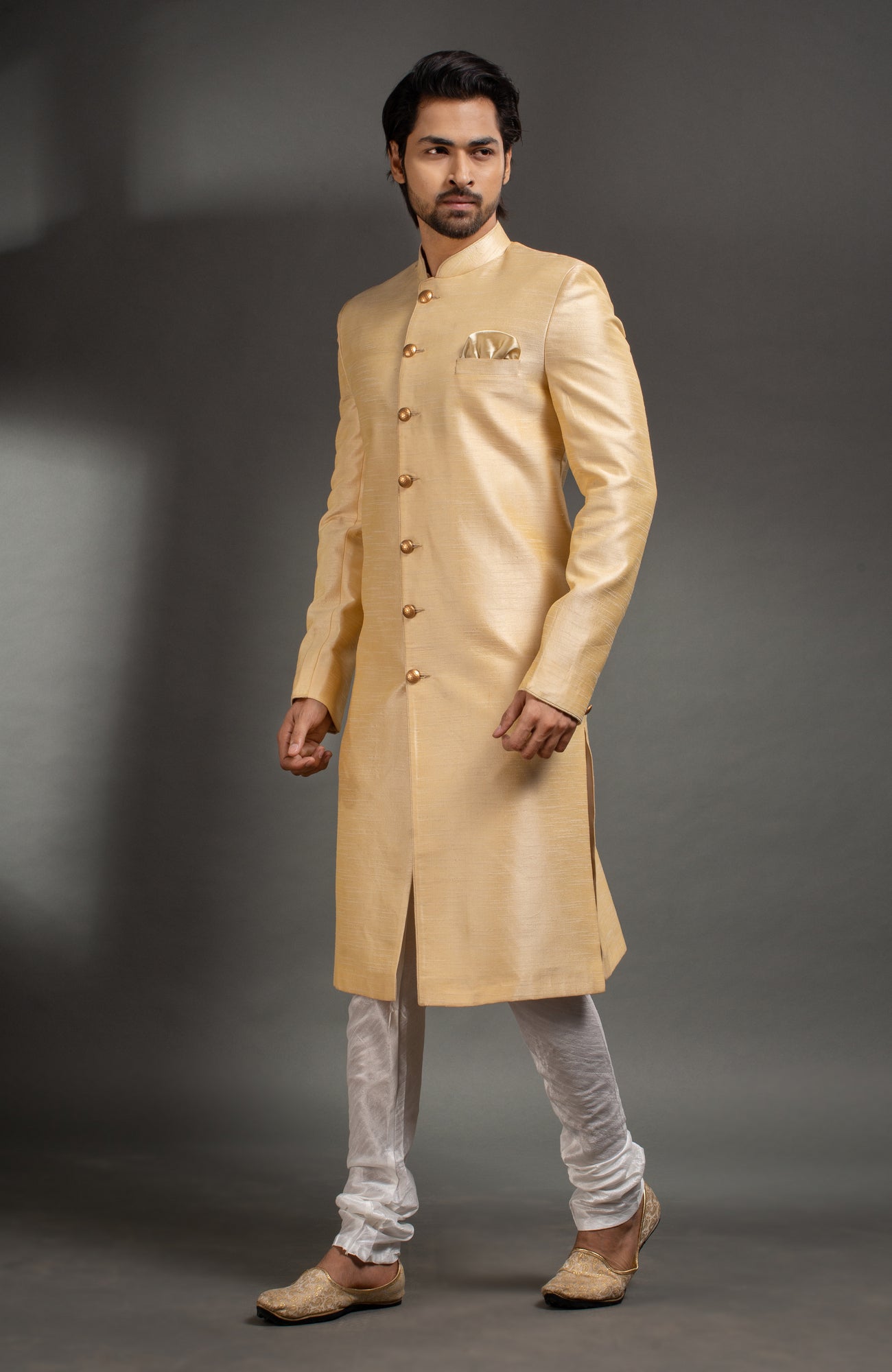 HAMSAFAR Men’s Golden Poly Dupion Sherwani