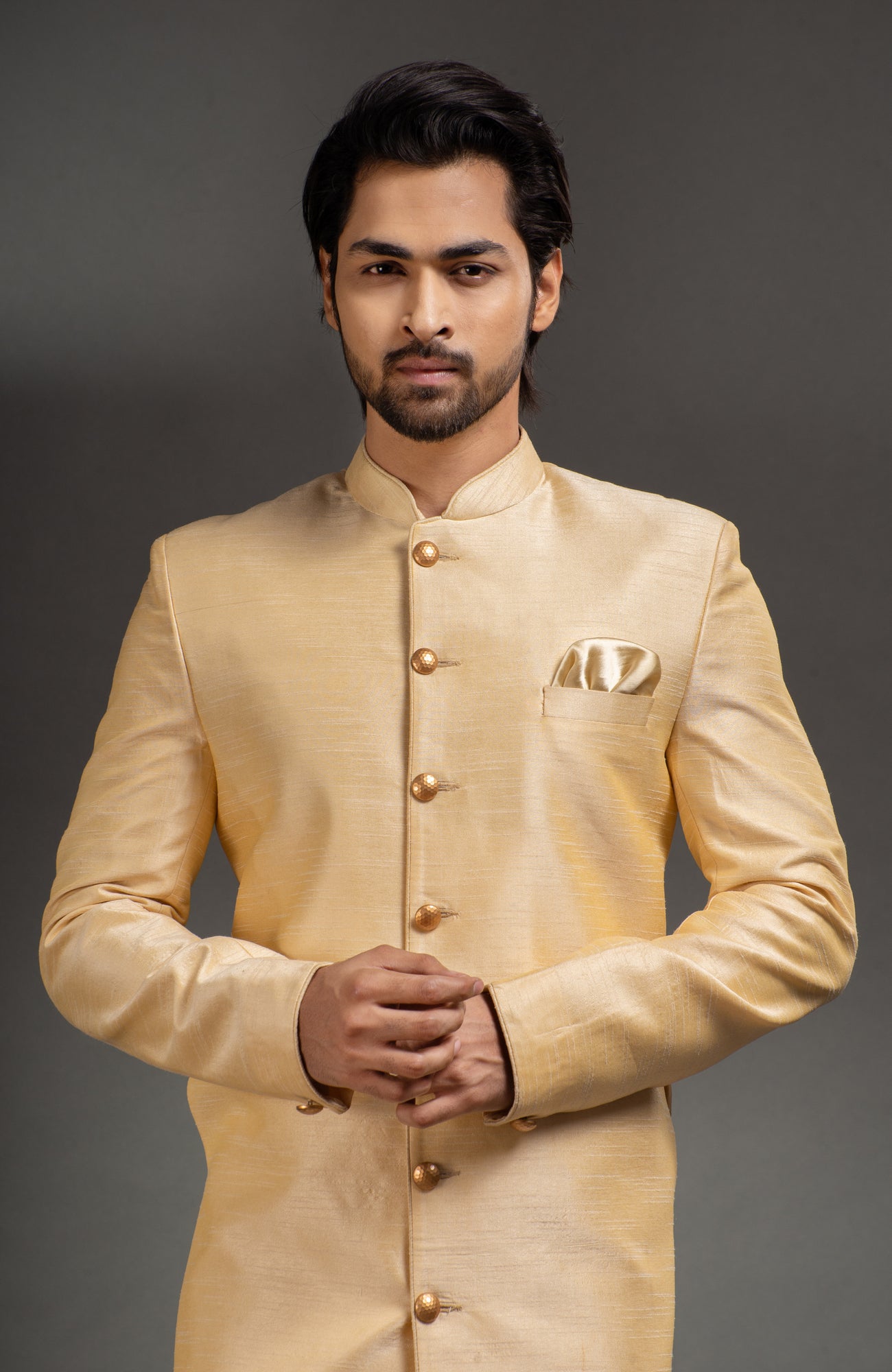 HAMSAFAR Men’s Golden Poly Dupion Sherwani