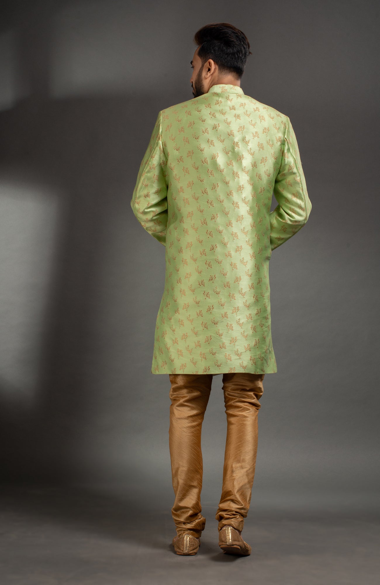HAMSAFAR Men’s Light Green Golden Jacquard Sherwani