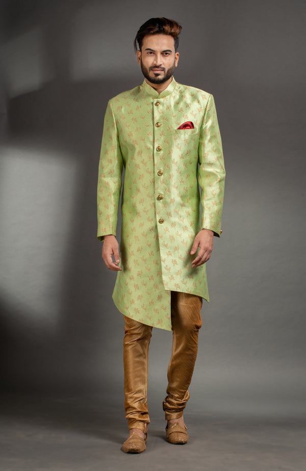 HAMSAFAR Men’s Light Green Golden Jacquard Sherwani