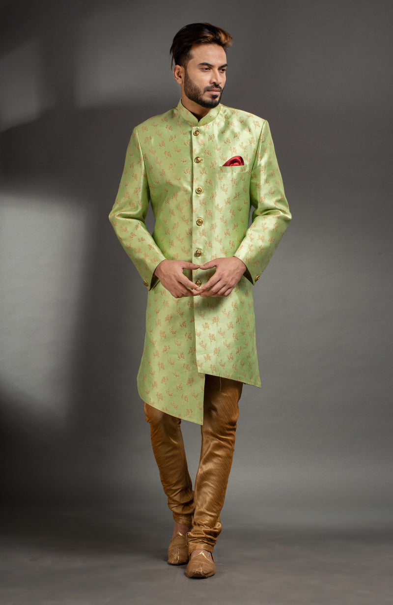 HAMSAFAR Men’s Light Green Golden Jacquard Sherwani