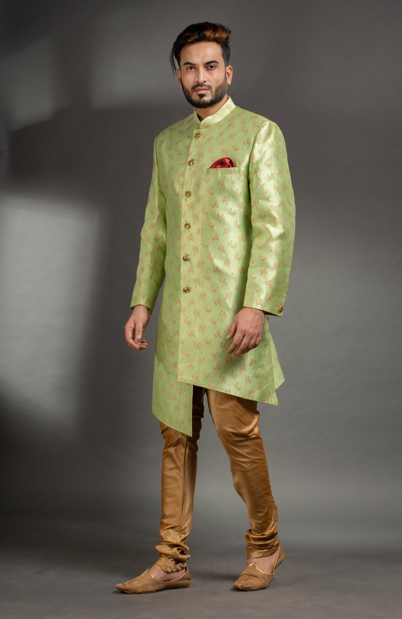 HAMSAFAR Men’s Light Green Golden Jacquard Sherwani
