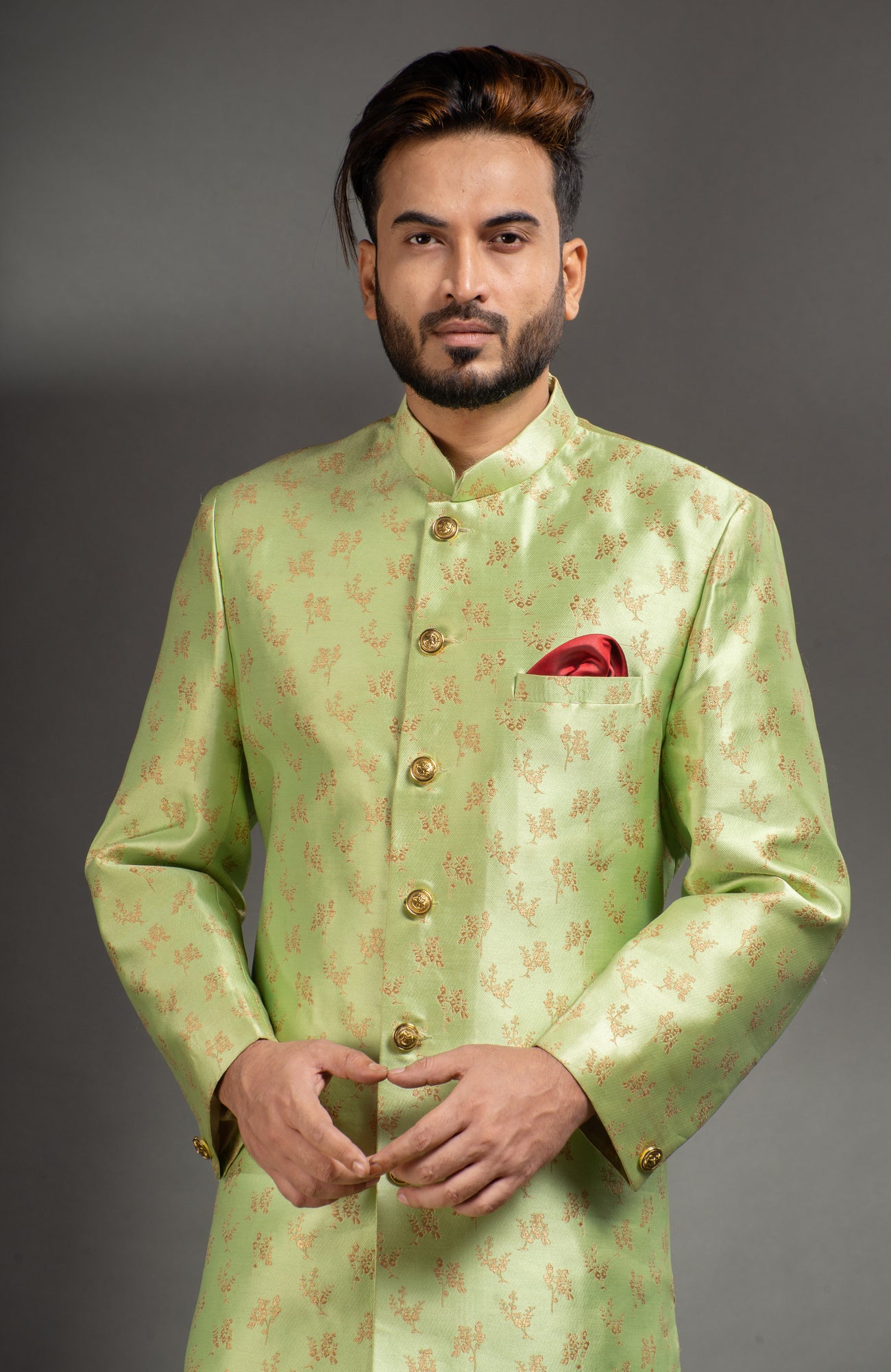 HAMSAFAR Men’s Light Green Golden Jacquard Sherwani