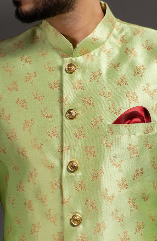 HAMSAFAR Men’s Light Green Golden Jacquard Sherwani