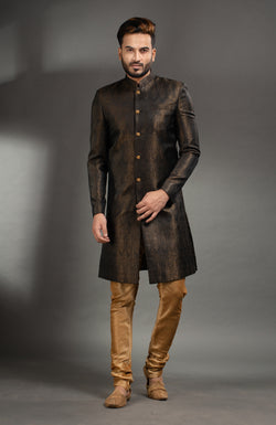 HAMSAFAR Men’s Dark Chocolate Brown Satin Jacquard Sherwani