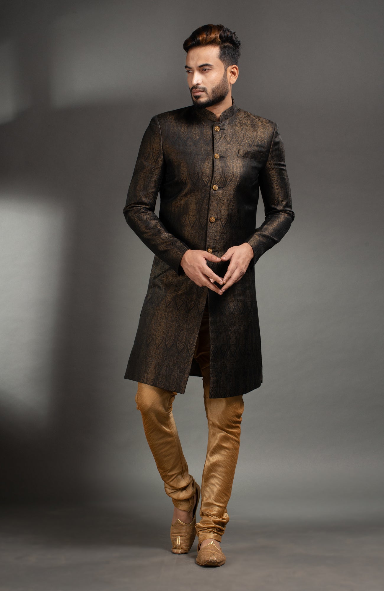 HAMSAFAR Men’s Dark Chocolate Brown Satin Jacquard Sherwani