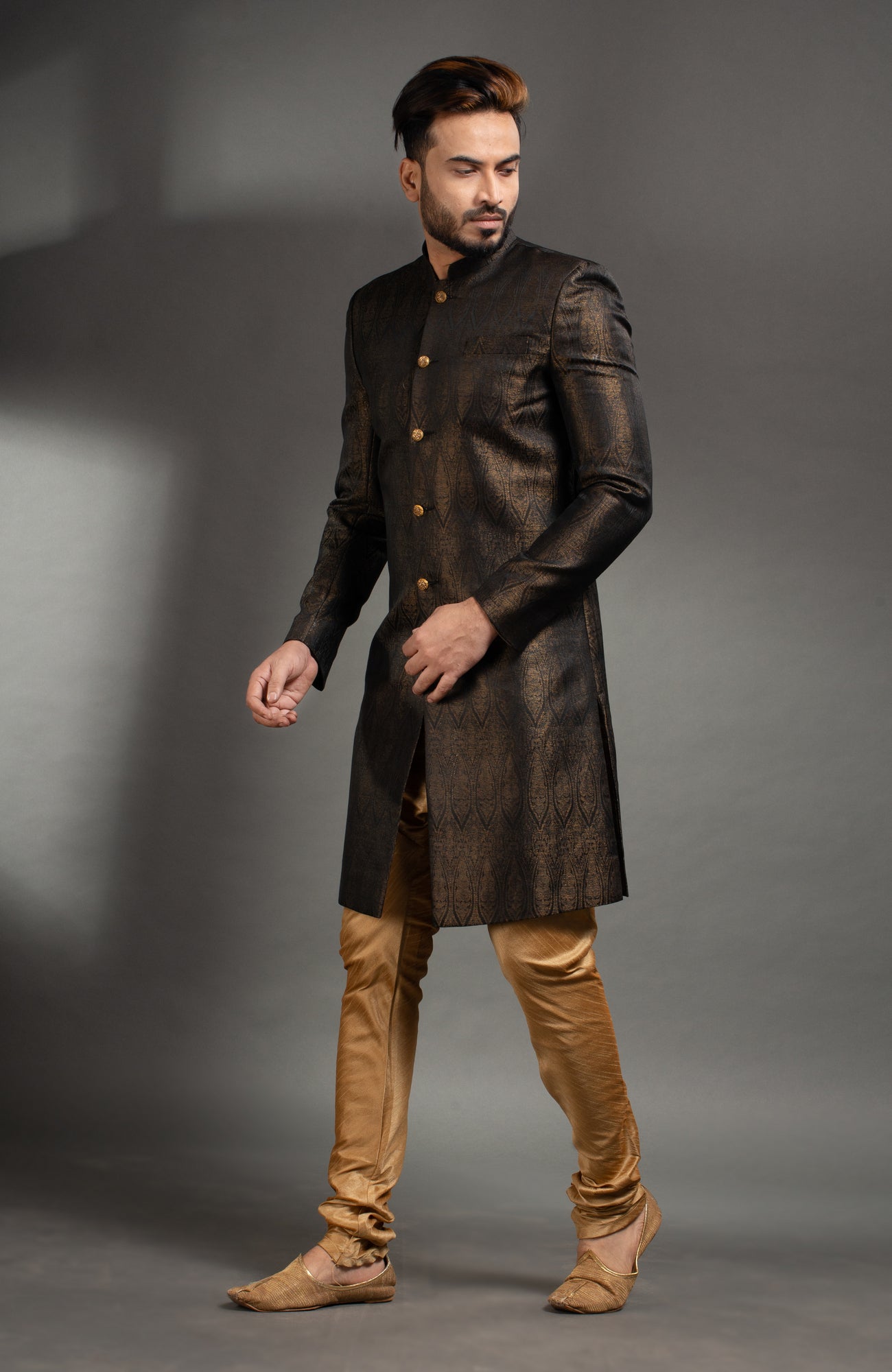 HAMSAFAR Men’s Dark Chocolate Brown Satin Jacquard Sherwani