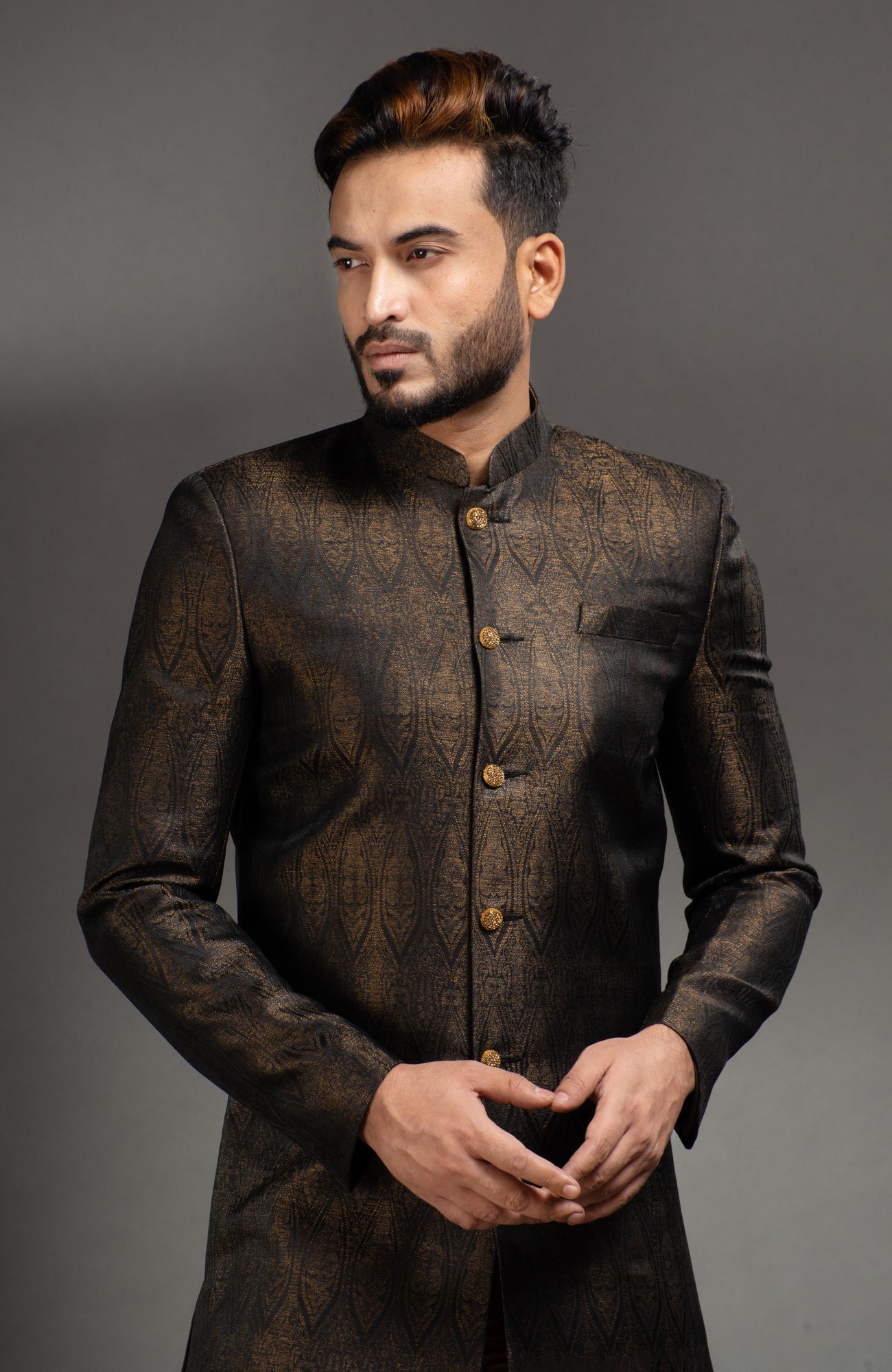 HAMSAFAR Men’s Dark Chocolate Brown Satin Jacquard Sherwani