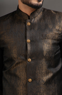 HAMSAFAR Men’s Dark Chocolate Brown Satin Jacquard Sherwani