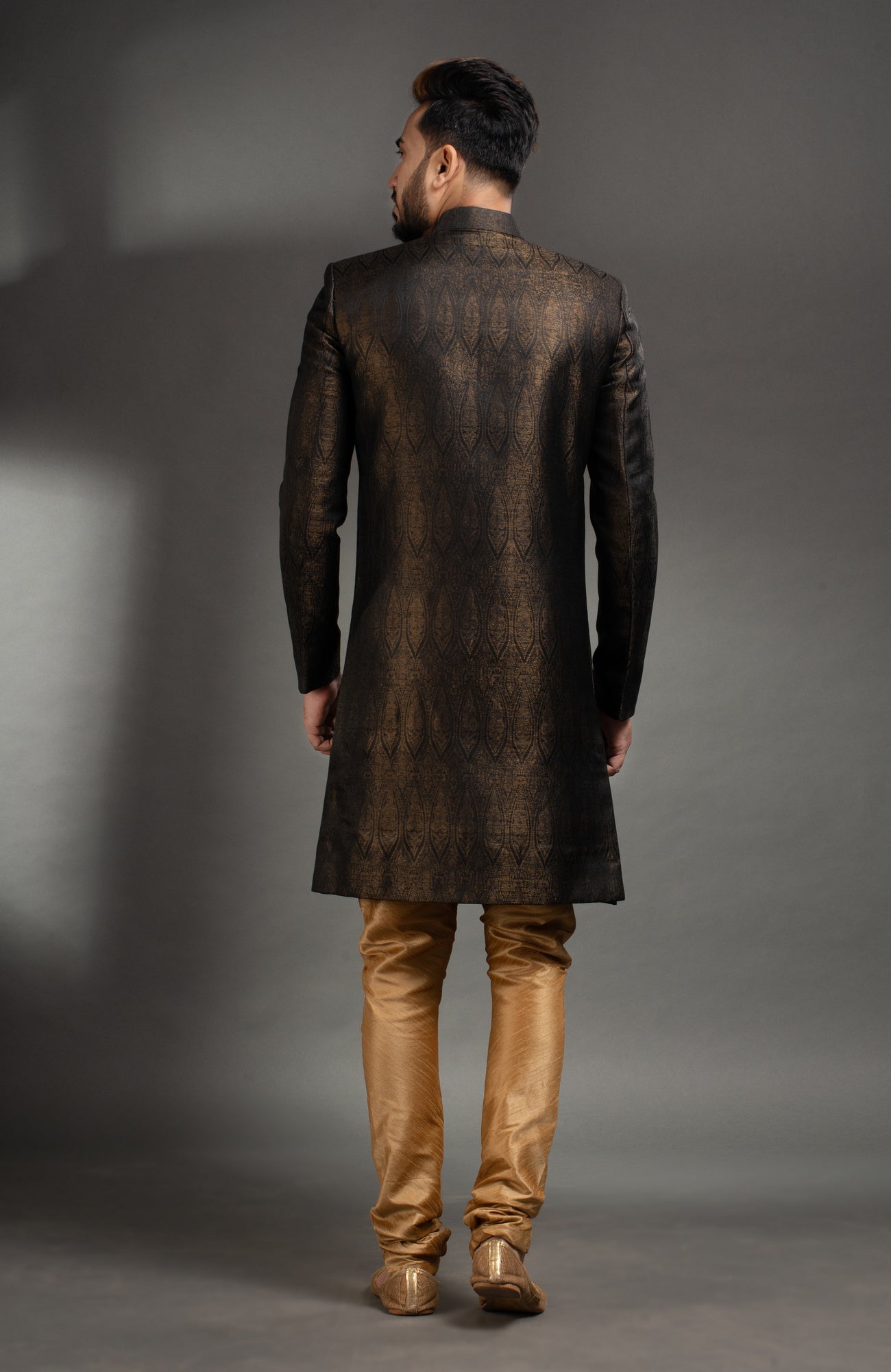 HAMSAFAR Men’s Dark Chocolate Brown Satin Jacquard Sherwani