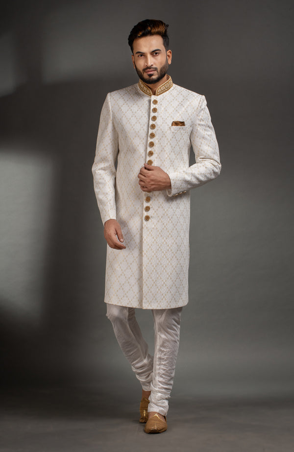 HAMSAFAR Men’s White-Golden Satin Net Poly Jacquard Sherwani