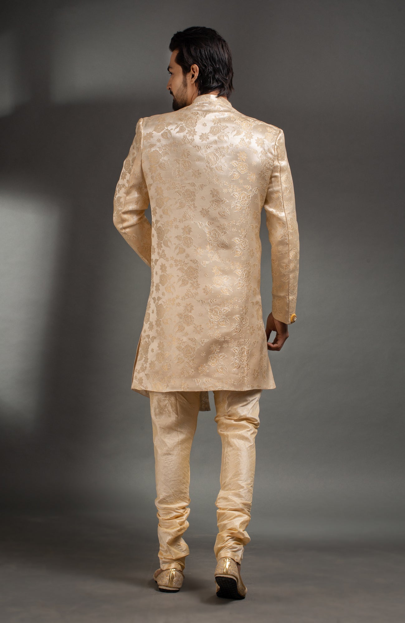 HAMSAFAR Men’s Golden Cream Satin Net Poly Jacquard Sherwani