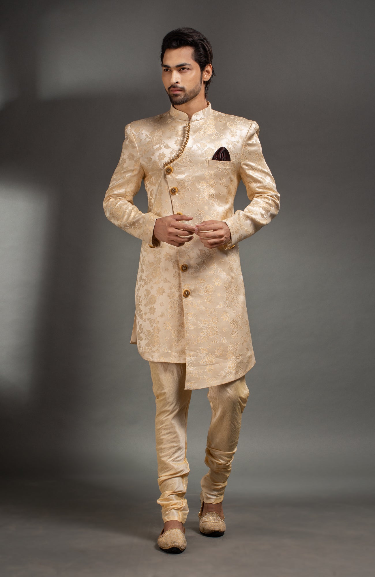 HAMSAFAR Men’s Golden Cream Satin Net Poly Jacquard Sherwani