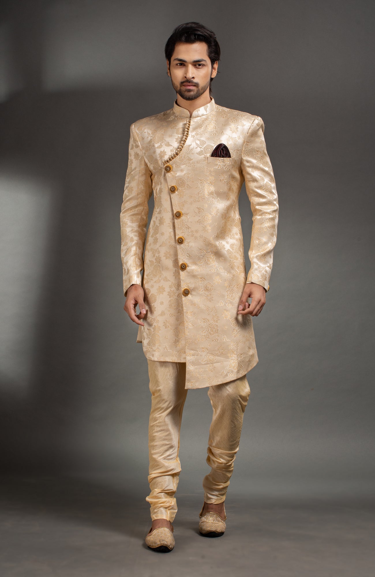 HAMSAFAR Men’s Golden Cream Satin Net Poly Jacquard Sherwani