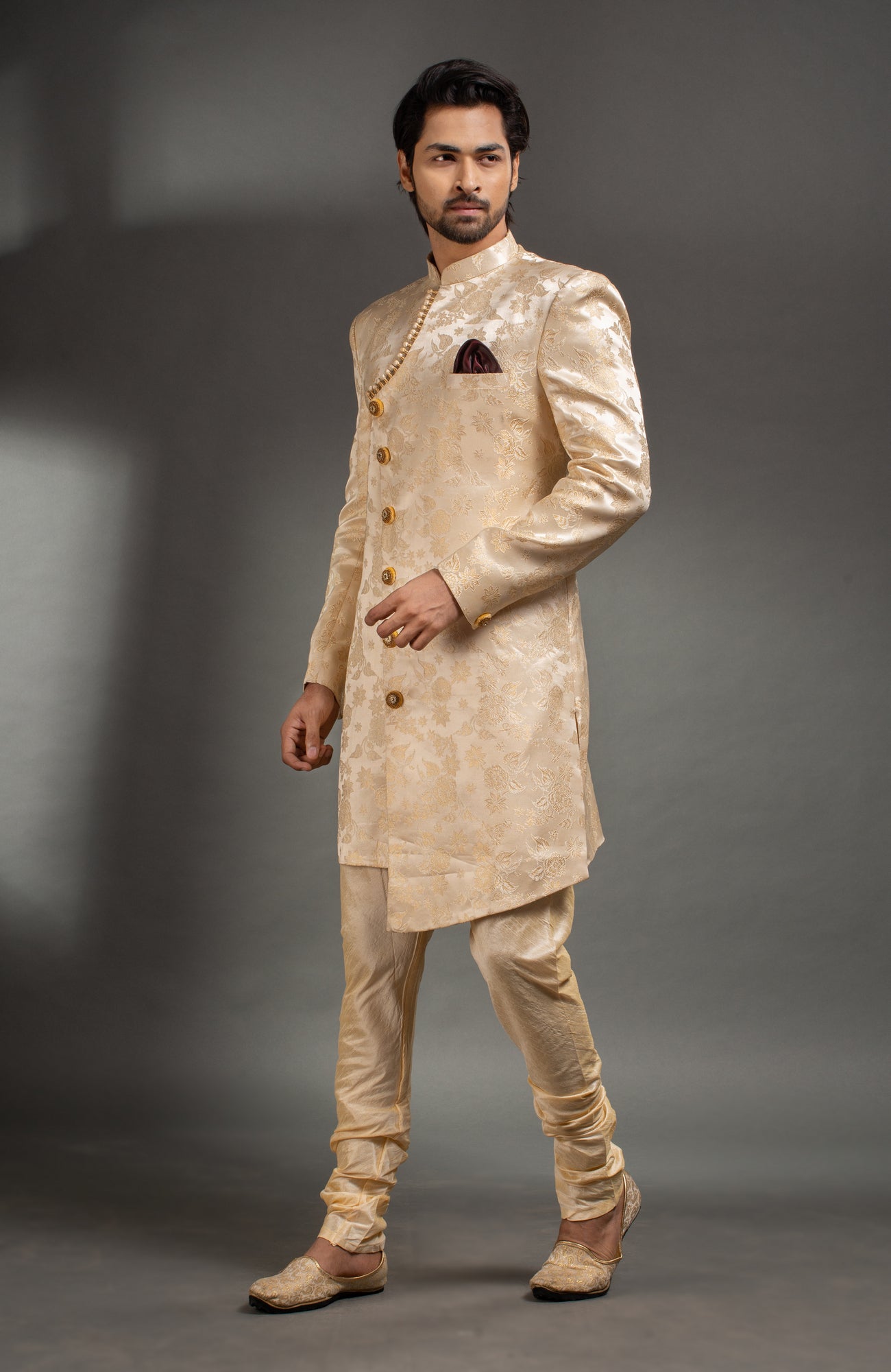 HAMSAFAR Men’s Golden Cream Satin Net Poly Jacquard Sherwani