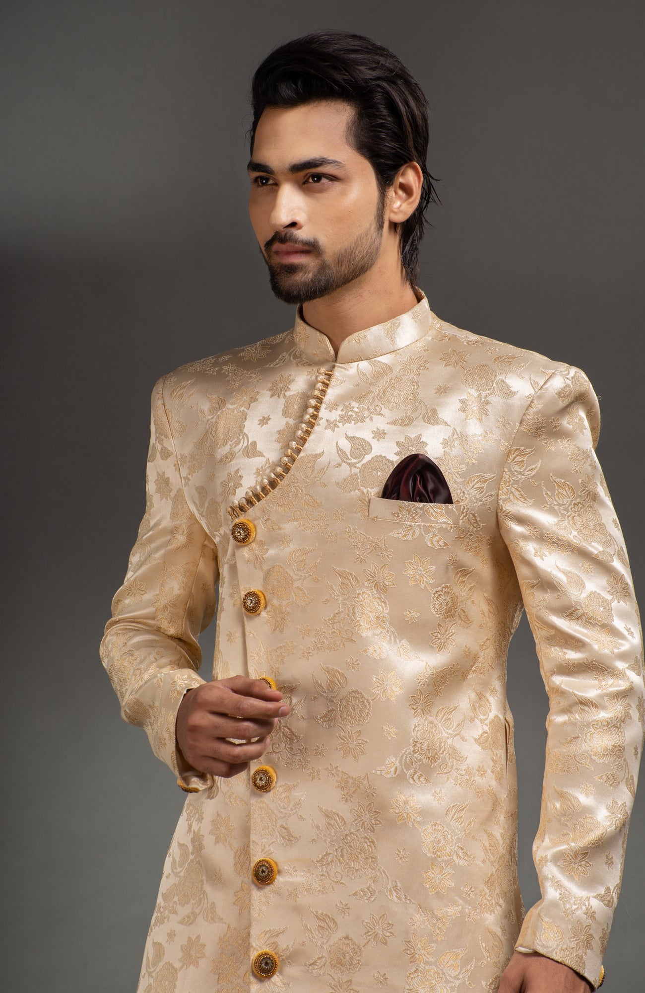 HAMSAFAR Men’s Golden Cream Satin Net Poly Jacquard Sherwani