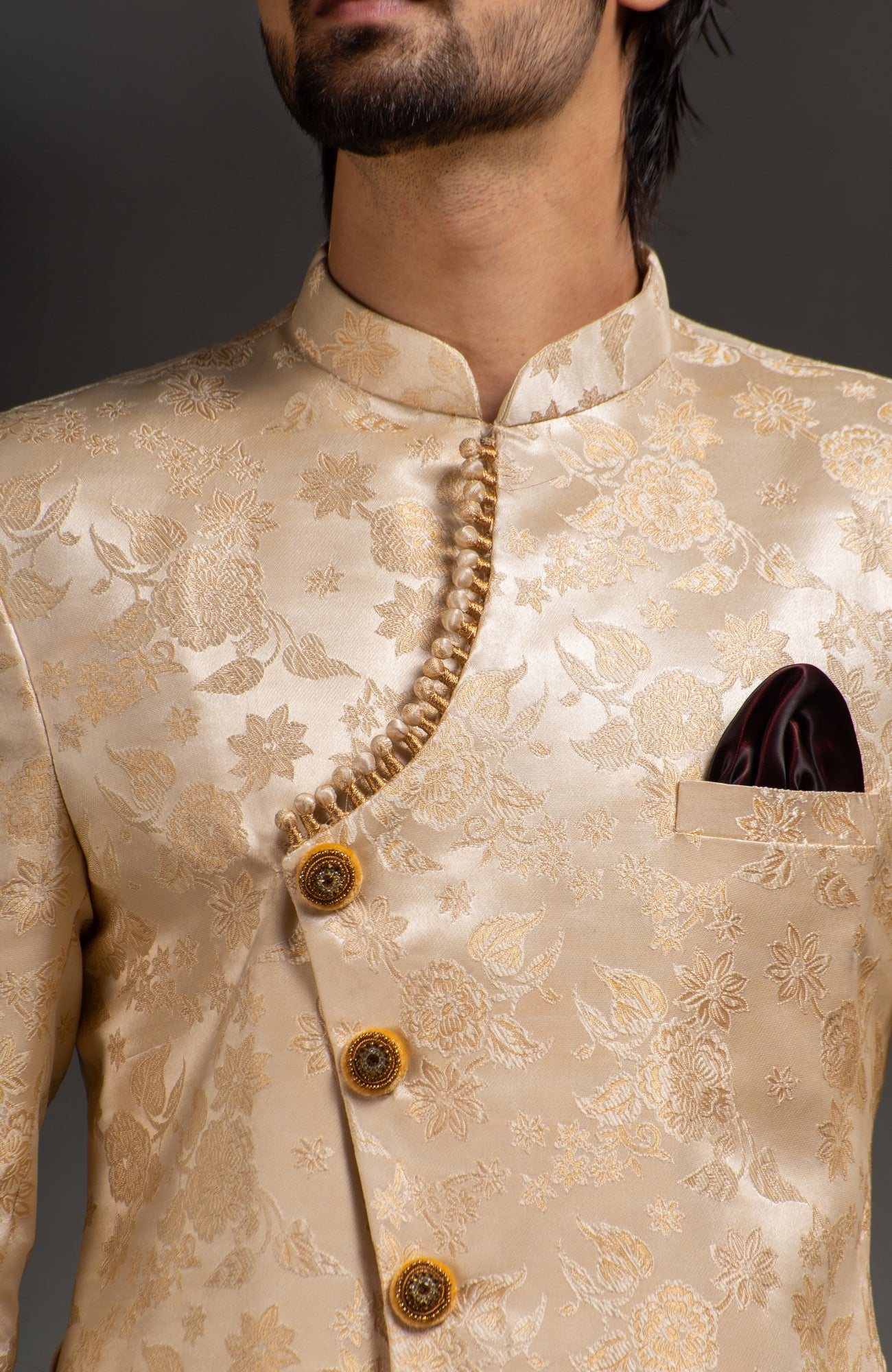 HAMSAFAR Men’s Golden Cream Satin Net Poly Jacquard Sherwani