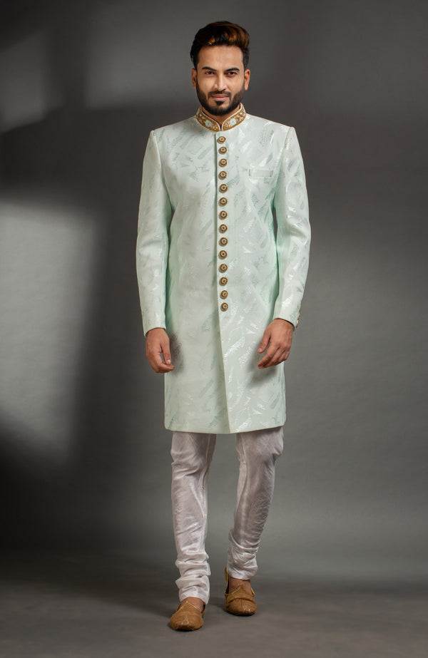 HAMSAFAR Men’s Light Blue Net Poly Jacquard Sherwani