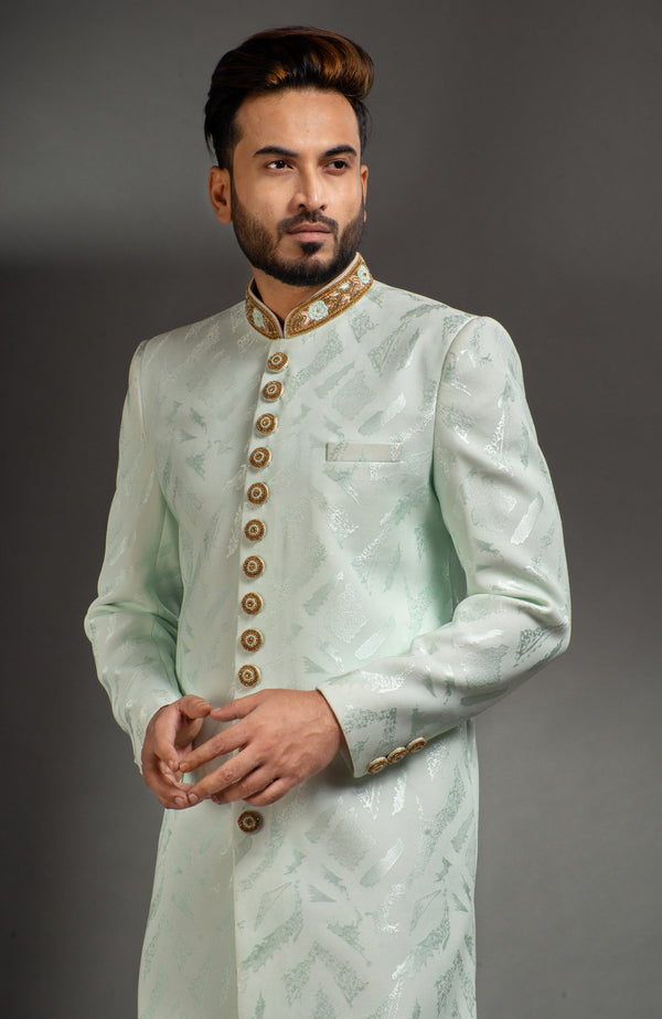 HAMSAFAR Men’s Light Blue Net Poly Jacquard Sherwani