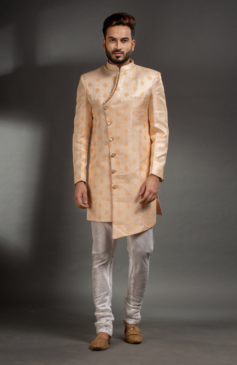 HAMSAFAR Men’s Golden Cream Poly Jacquard Sherwani