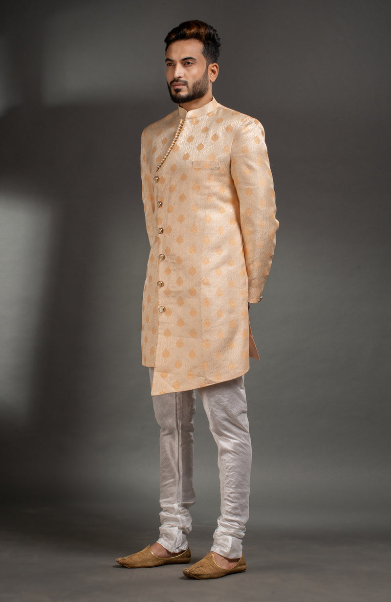 HAMSAFAR Men’s Golden Cream Poly Jacquard Sherwani