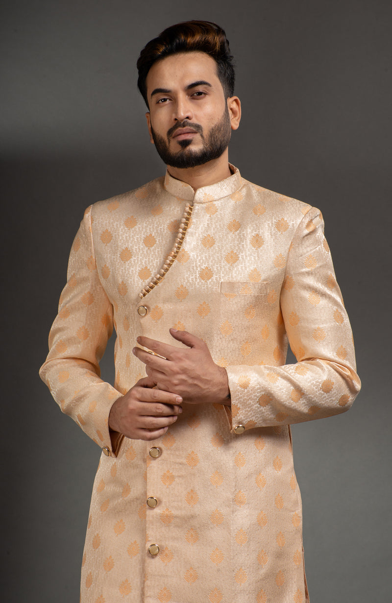 HAMSAFAR Men’s Golden Cream Poly Jacquard Sherwani