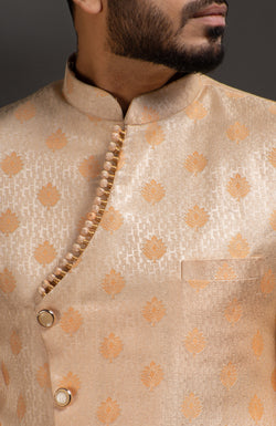 HAMSAFAR Men’s Golden Cream Poly Jacquard Sherwani