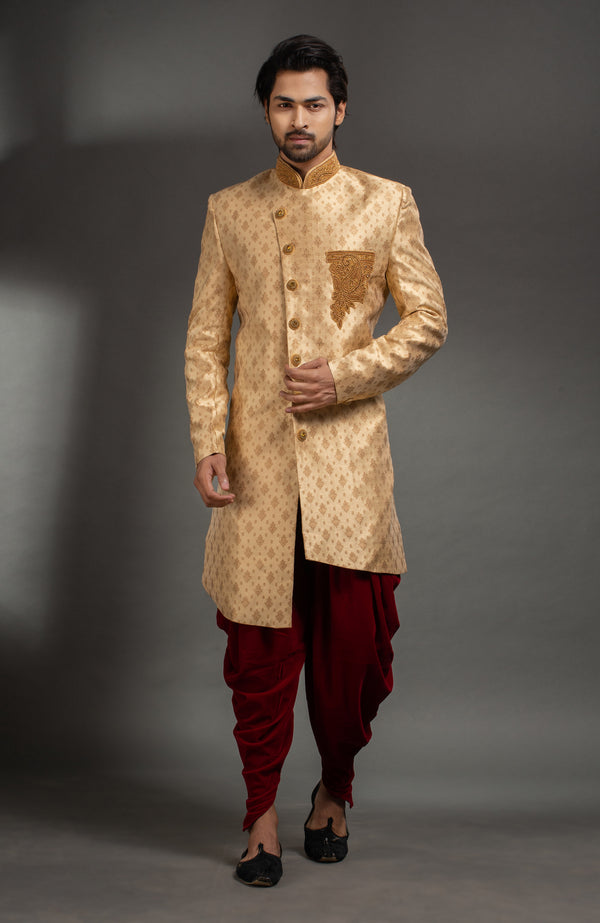 HAMSAFAR Men’s Tussar Golden Poly Zari Jacquard Sherwani