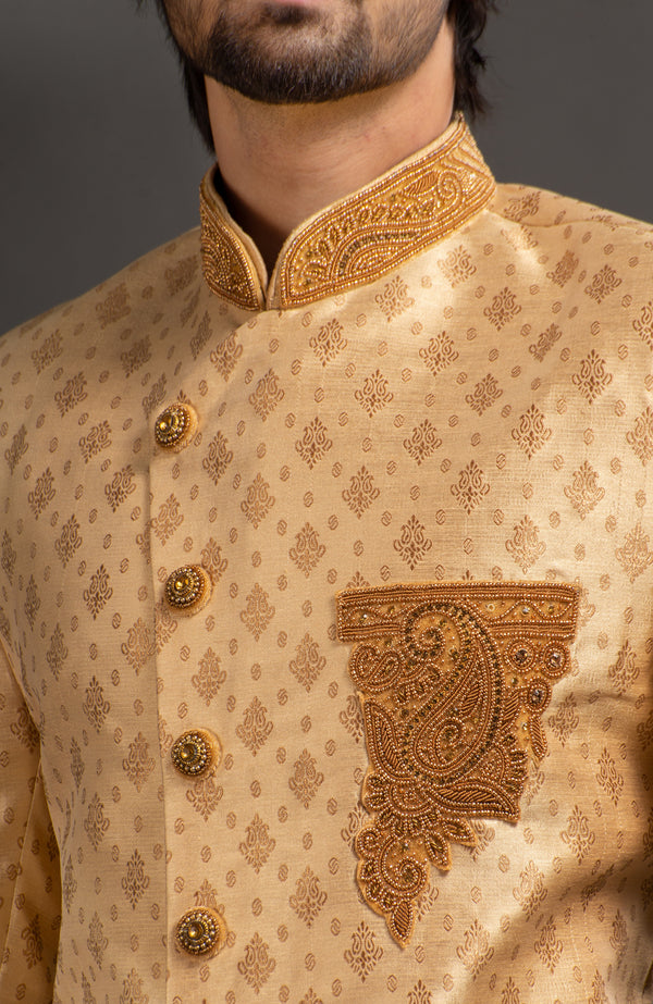 HAMSAFAR Men’s Tussar Golden Poly Zari Jacquard Sherwani