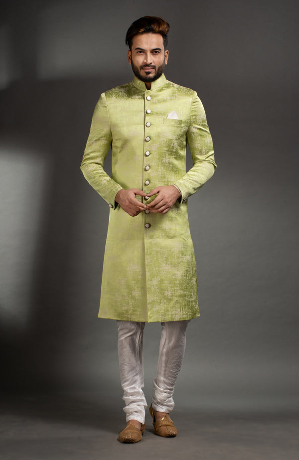 HAMSAFAR Men’s Mint Green Poly Viscose Sherwani